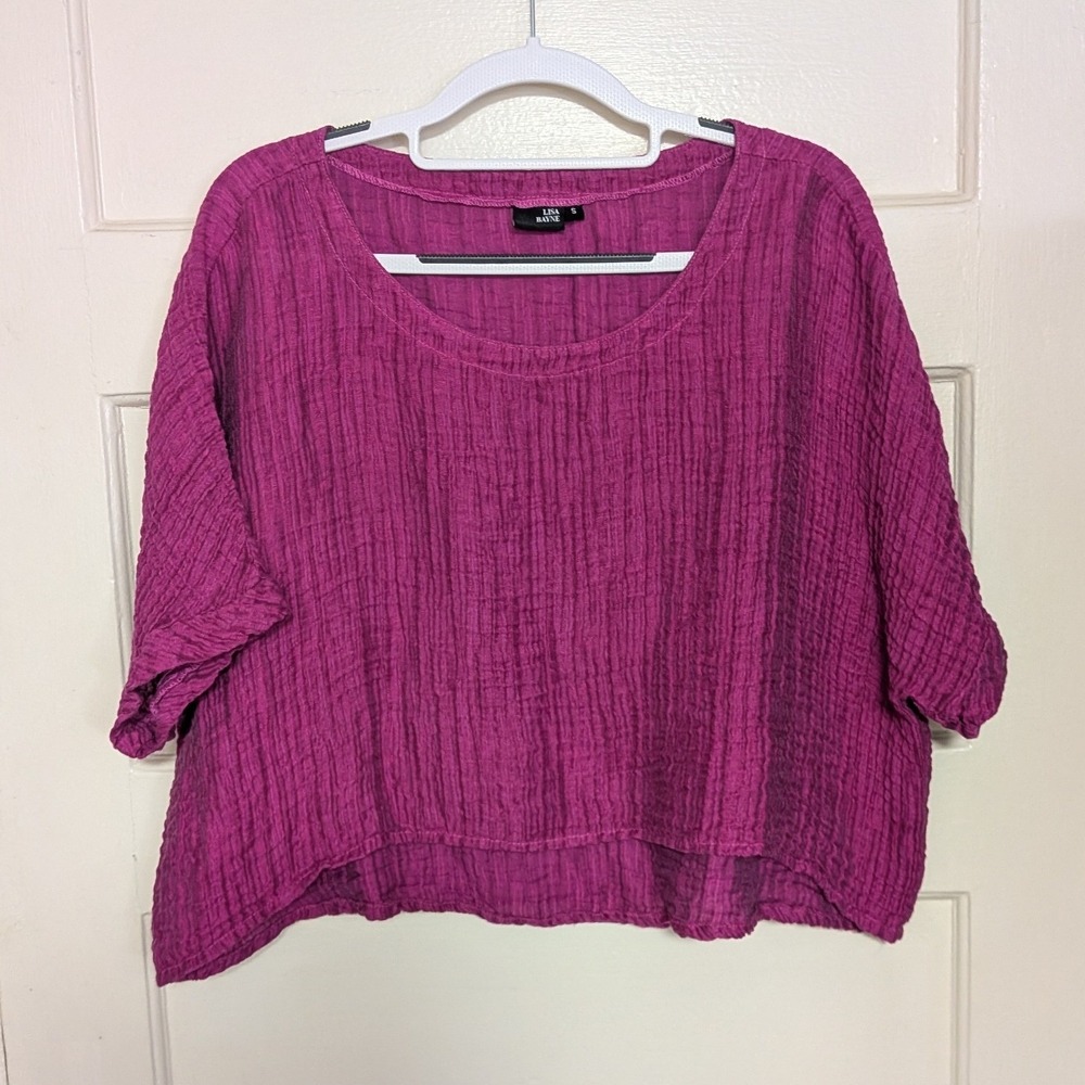 Lisa Bayne Crinkle Linen Blend Boxy Scoop Neck Lagenlook Top Pink Small